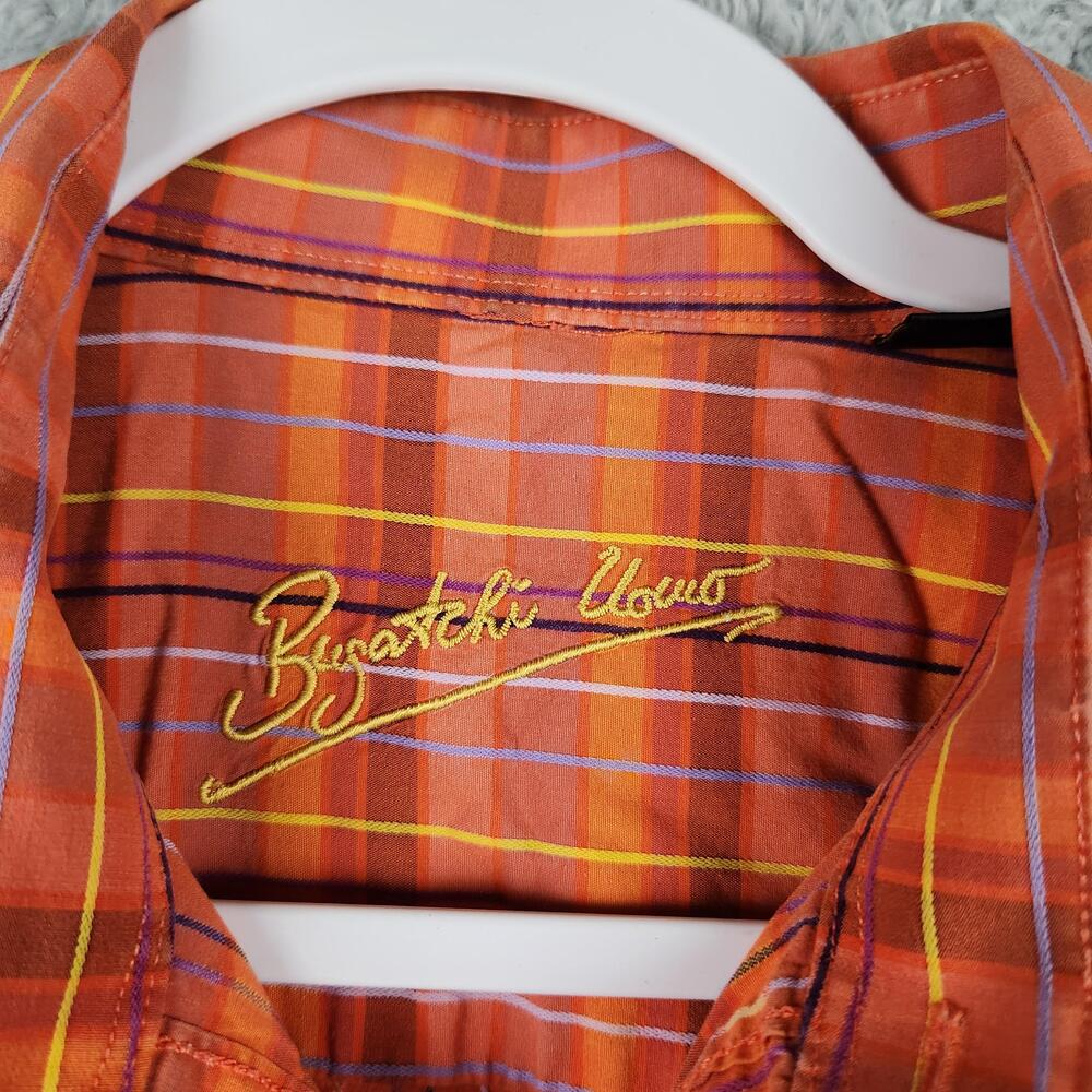 Bugatchi Uomo Shirt Mens XL Orange Plaid Cotton Button Pocket Long Sleeve Dress